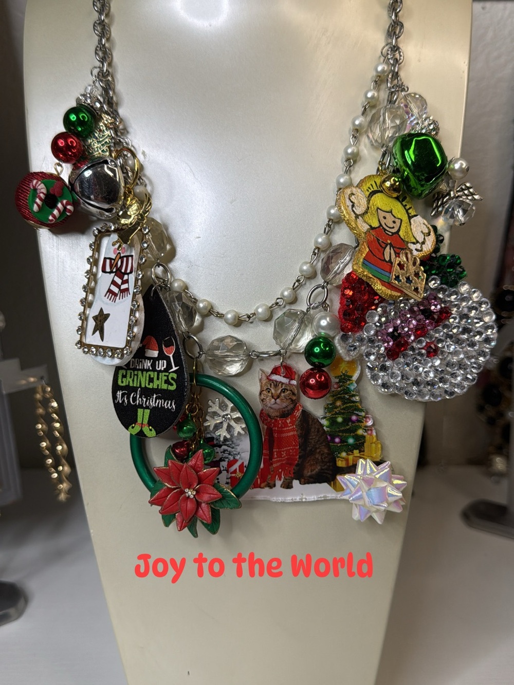 Unique Holiday Charm Statement Necklace Green Red Gold Handmade